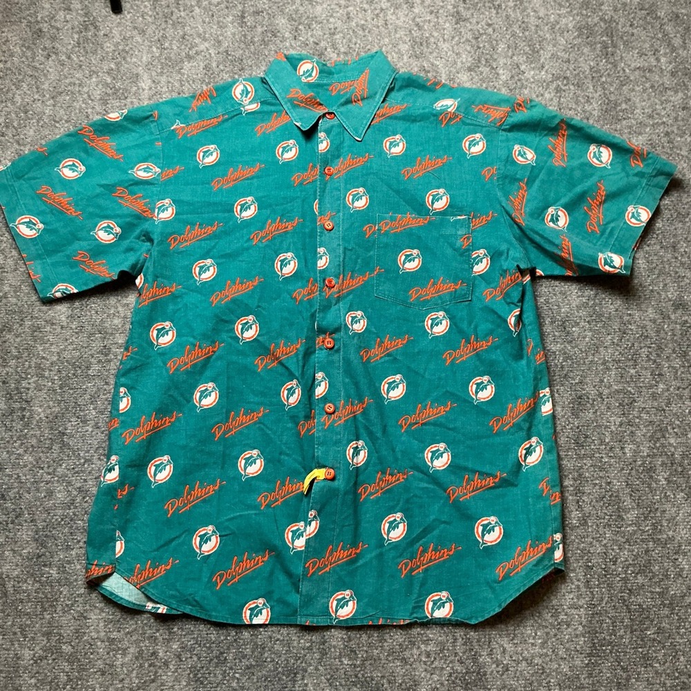 Miami Dolphins Mens Aqua All Over Print Short Sleeve Button Down Shirt XL Retro